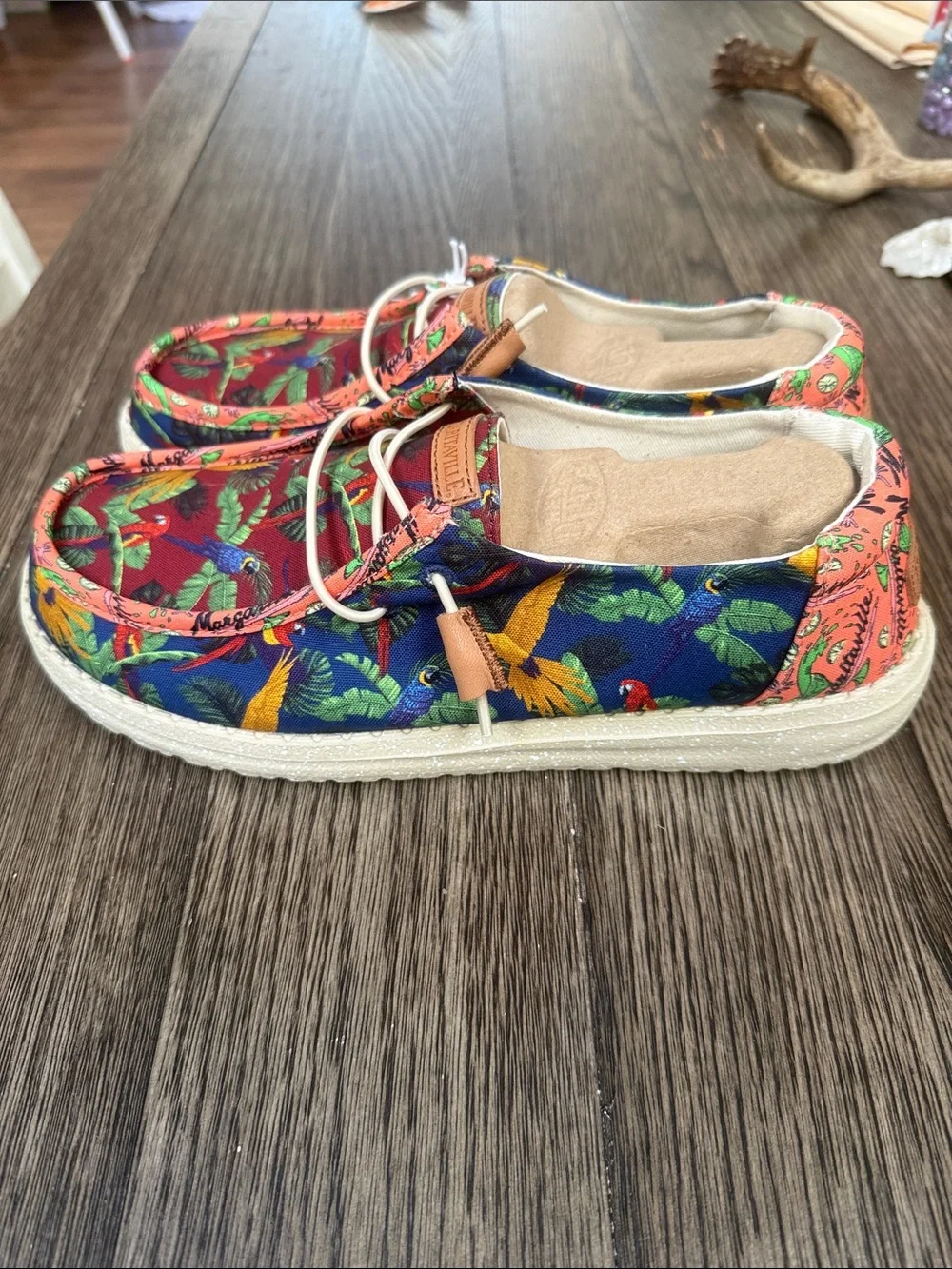 Hey Dude Women's Espadrilles Tropical Parrot Print - Red, Blue, Green